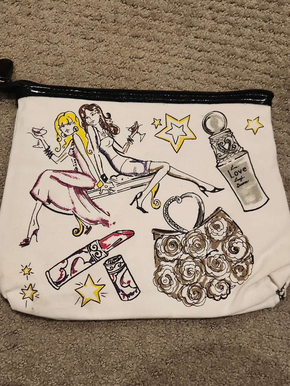 Brighton White Canvas Zip Pouch with Yellow Taxi Illustration